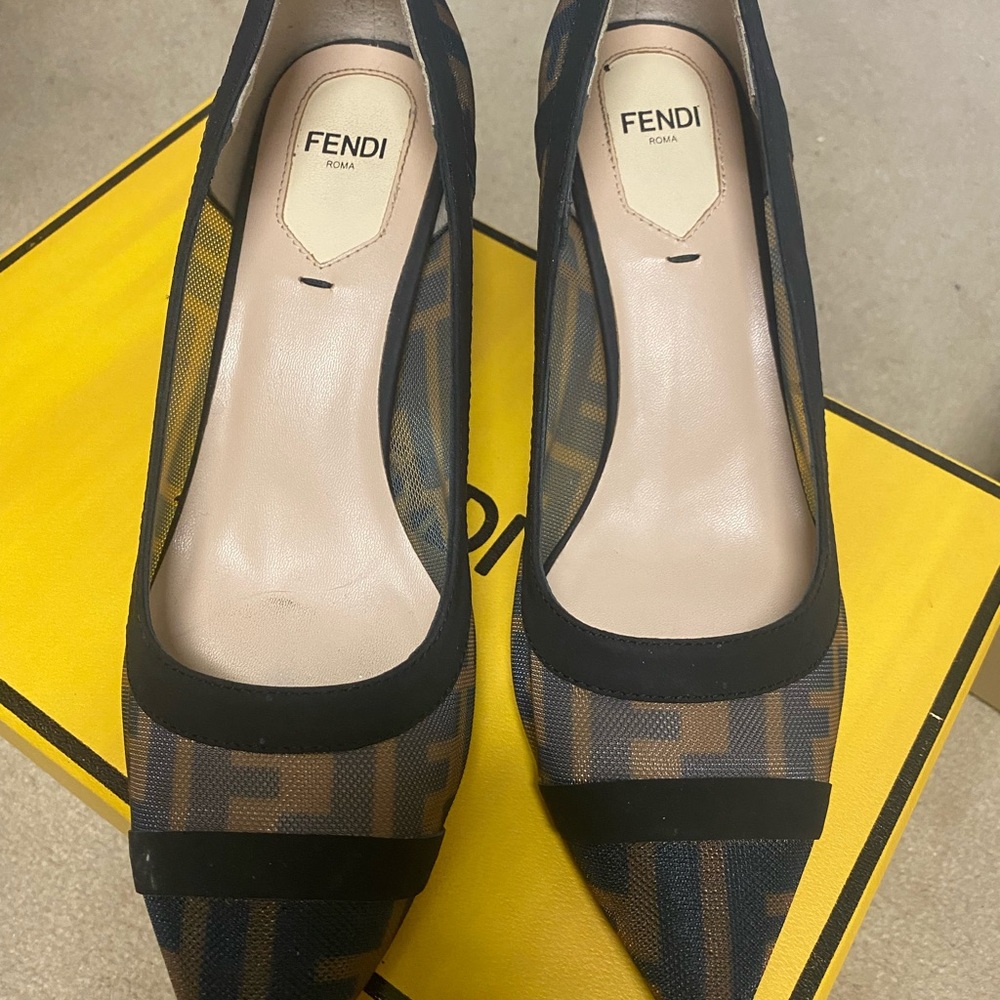 FENDI Black Leather And Brown Mesh Medium Heel Sabots - Black